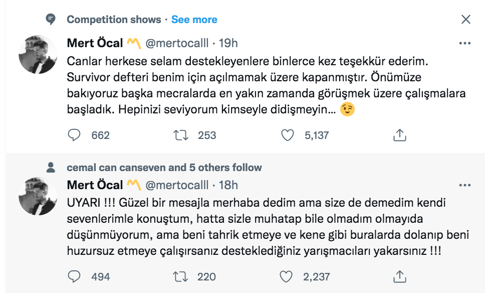 mert ocal twitter a bomba gibi dondu ve uyardi diger yarismacilari yakarsiniz